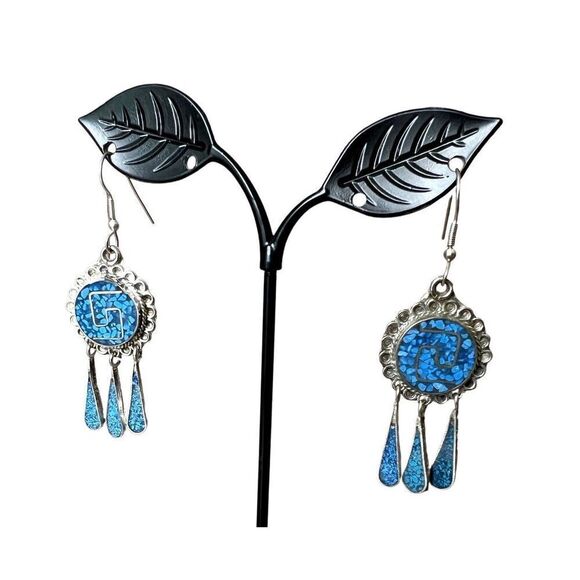 Alpaca Mexico Turquoise Composite Silver Hinged Bracelet & Dangle Earrings VTG‎ - Picture 6 of 8